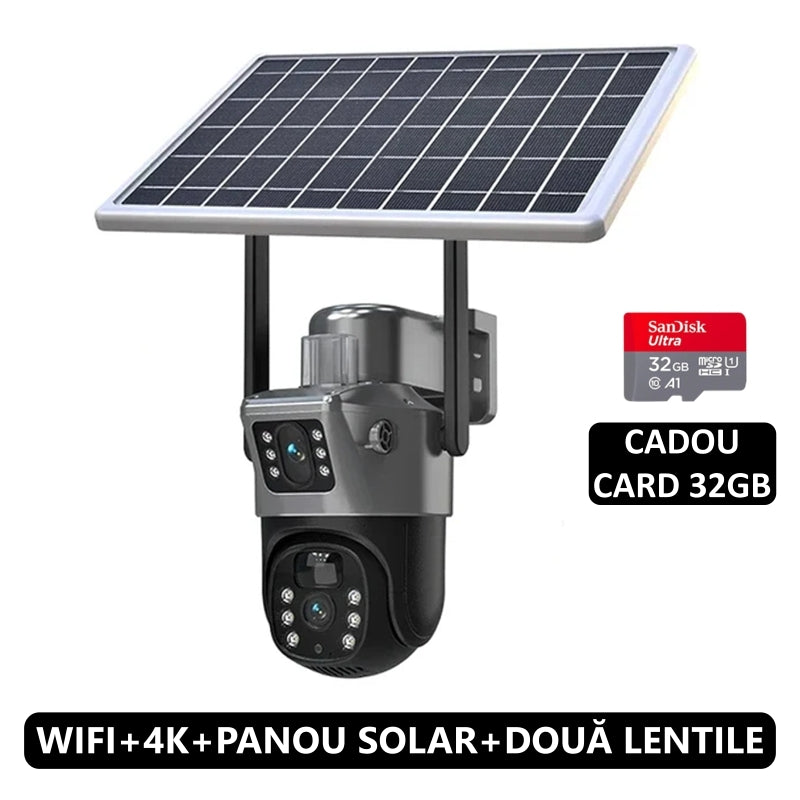 Camera de Supraveghere WIFI - 4K - Doua Lentile, Panou Solar, 360°