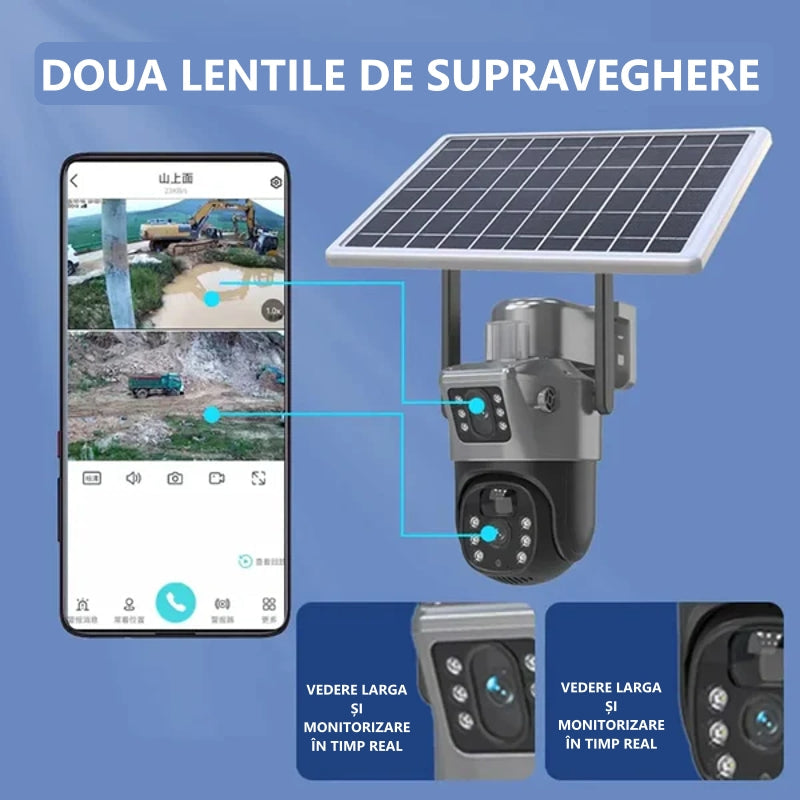 Camera de Supraveghere WIFI - 4K - Doua Lentile, Panou Solar, 360°