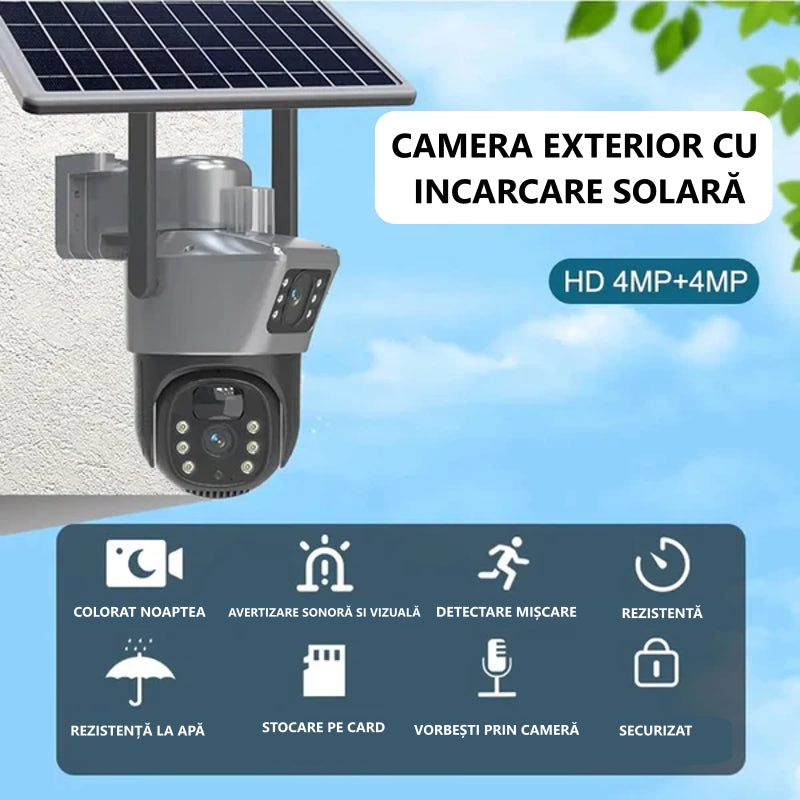 Camera de Supraveghere WIFI - 4K - Doua Lentile, Panou Solar, 360°